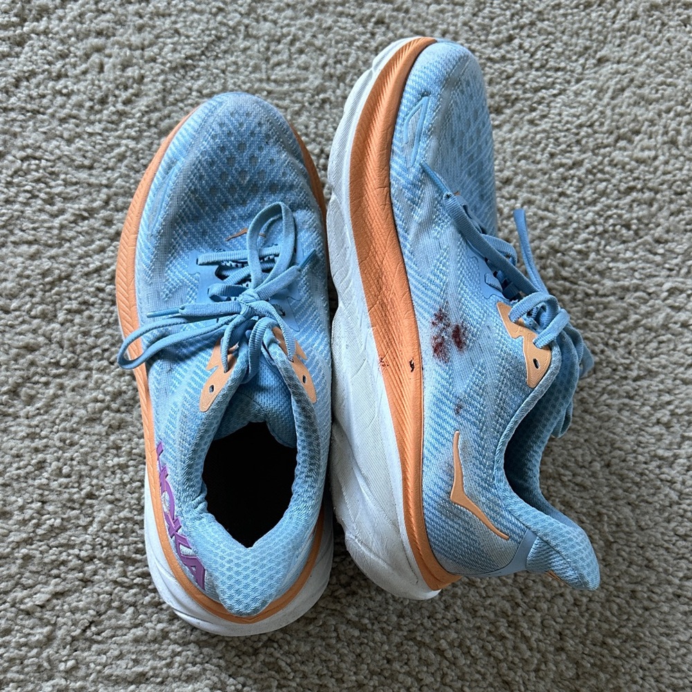 Hoka Sky Blue and Peach Athletic Shoes